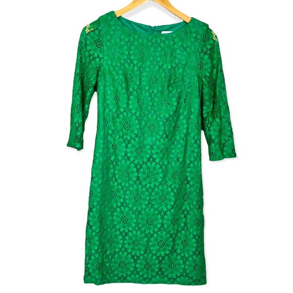 ELIZA J Green Lace Sheath Mini Dress 0 XS Kelly Party 3/4 Sleeve Cocktail - Picture 2 of 7